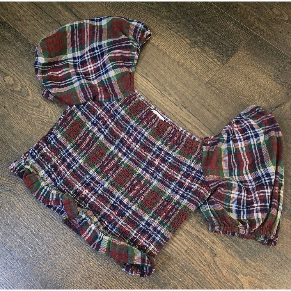 American Eagle Plaid Smocked Crop Top‎ Puff Sleeve Cottagecore Red Green S
